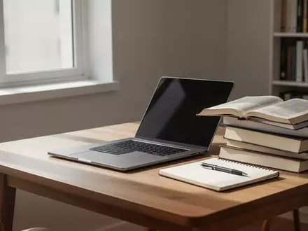 Ein moderner Schreibtisch mit einem geschlossenen Laptop und Lehrbüchern in einer ruhigen Lernumgebung. - Foto: über boerse-global.de