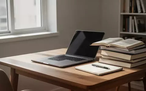 Ein moderner Schreibtisch mit einem geschlossenen Laptop und Lehrbüchern in einer ruhigen Lernumgebung. - Foto: über boerse-global.de