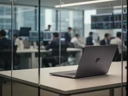 Ein professioneller, verschwommener Handelsraum mit einem sauberen Arbeitsplatz und einem Laptop in einer modernen Büroumgebung. - Foto: über boerse-global.de