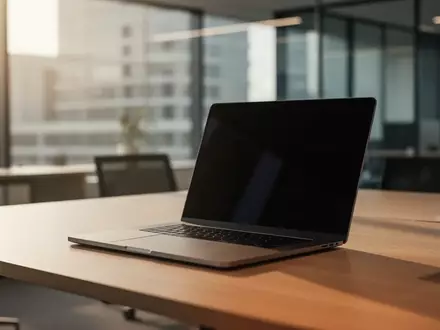 Ein minimalistischer Büroarbeitsplatz mit einem Laptop auf einem Holztisch bei natürlichem Tageslicht. - Foto: über boerse-global.de