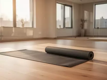 Eine leere Yogamatte auf einem hellen Holzboden in einem lichtdurchfluteten, minimalistischen Yogastudio. - Foto: über boerse-global.de