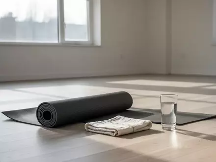 Ein minimalistischer, sonnendurchfluteter Übungsraum mit einer zusammengerollten Yogamatte und einem Glas Wasser auf Holzboden. - Foto: über boerse-global.de
