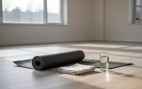 Ein minimalistischer, sonnendurchfluteter Übungsraum mit einer zusammengerollten Yogamatte und einem Glas Wasser auf Holzboden. - Foto: über boerse-global.de