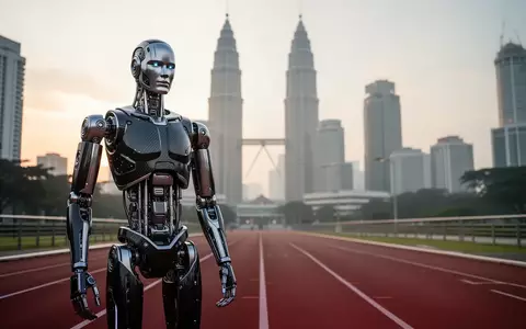 Ein hochmoderner humanoider Roboter steht auf einer Laufbahn in Kuala Lumpur vor der Kulisse der Petronas Towers. - Foto: über boerse-global.de