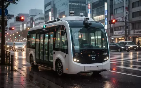 Ein autonomer Bus fährt bei Dämmerung durch eine städtische Kreuzung in Japan, ausgestattet mit moderner Sensorik. - Foto: über boerse-global.de
