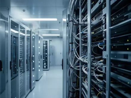 Ein moderner Serverraum mit blauer Beleuchtung und geordneten Hardware-Racks, die eine technologische Infrastruktur darstellen. - Foto: über boerse-global.de