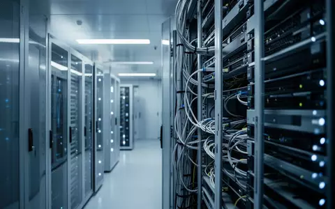 Ein moderner Serverraum mit blauer Beleuchtung und geordneten Hardware-Racks, die eine technologische Infrastruktur darstellen. - Foto: über boerse-global.de