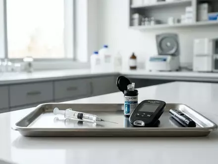 Medizinische Geräte zur Blutzuckermessung und eine Spritze auf einem Edelstahltisch in einer klinischen Umgebung. - Foto: über boerse-global.de