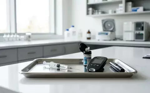 Medizinische Geräte zur Blutzuckermessung und eine Spritze auf einem Edelstahltisch in einer klinischen Umgebung. - Foto: über boerse-global.de