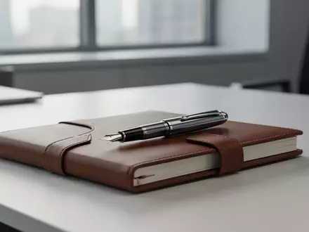 Ein moderner Schreibtisch mit einem Notizbuch und einem Füllfederhalter bei natürlichem Tageslicht. - Foto: über boerse-global.de