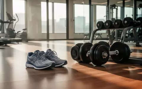 Sportausrüstung wie Sportschuhe und Hanteln in einem hellen, modernen Fitnessraum bei natürlichem Lichteinfall. - Foto: über boerse-global.de