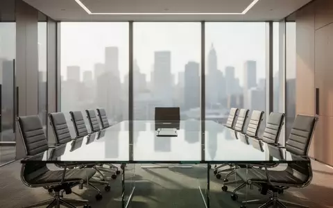 Ein leerer, moderner Konferenzraum in einem Bürogebäude mit großen Fenstern und Blick auf eine Stadt. - Foto: über boerse-global.de