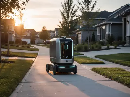 Ein autonomer Lieferroboter fährt bei Sonnenuntergang über einen Vorstadtbürgersteig. - Foto: über boerse-global.de