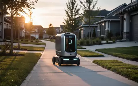 Ein autonomer Lieferroboter fährt bei Sonnenuntergang über einen Vorstadtbürgersteig. - Foto: über boerse-global.de