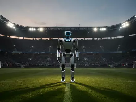 Der humanoide Atlas-Roboter steht in der Mitte eines leeren Fußballstadions bei Dämmerung. - Foto: über boerse-global.de