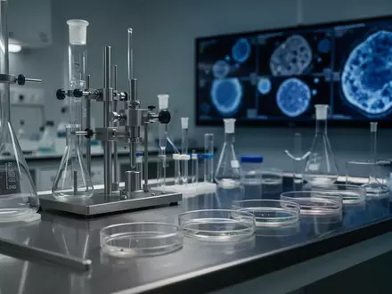 Laborumgebung mit wissenschaftlichen Geräten und unscharfen medizinischen Bildgebungsdarstellungen im Hintergrund. - Foto: über boerse-global.de