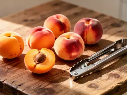 Frische Aprikosen und Pfirsiche liegen neben einer Küchenzange auf einem Holztisch. - Foto: über boerse-global.de