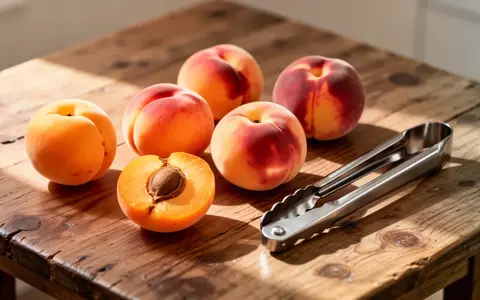 Frische Aprikosen und Pfirsiche liegen neben einer Küchenzange auf einem Holztisch. - Foto: über boerse-global.de