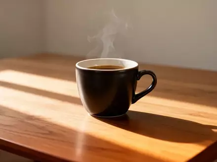 Eine dunkle Espressotasse auf einem Holztisch bei sanftem Morgenlicht. - Foto: über boerse-global.de