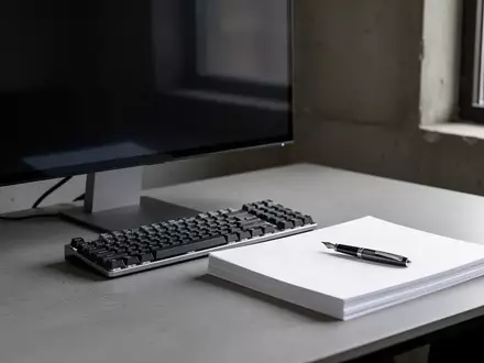 Ein minimalistischer Büroarbeitsplatz mit einem ausgeschalteten Monitor und Unterlagen auf einem Schreibtisch bei Tageslicht. - Foto: über boerse-global.de