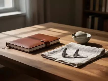Ein minimalistischer Holztisch mit einem geschlossenen Notizbuch, einem glatten Stein und modernen Hörgeräten bei Tageslicht. - Foto: über boerse-global.de