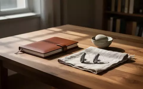Ein minimalistischer Holztisch mit einem geschlossenen Notizbuch, einem glatten Stein und modernen Hörgeräten bei Tageslicht. - Foto: über boerse-global.de