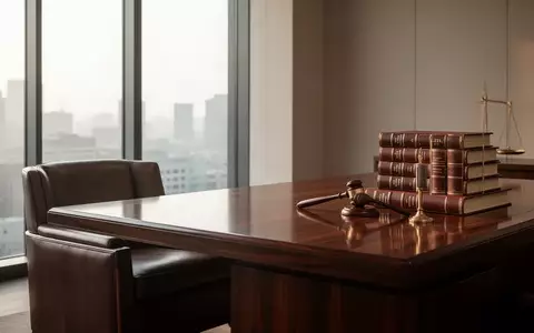 Ein minimalistisches, modernes Anwaltsbüro mit einem Schreibtisch aus dunklem Holz und gestapelten juristischen Dokumenten. - Foto: über boerse-global.de