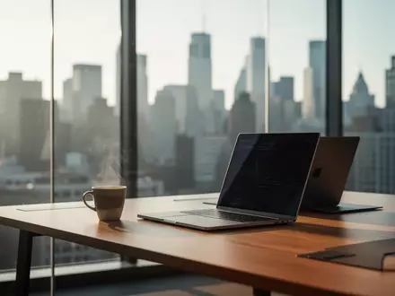 Ein moderner, minimalistischer Arbeitsplatz in einem Büro mit Blick auf eine Skyline bei natürlichem Tageslicht. - Foto: über boerse-global.de