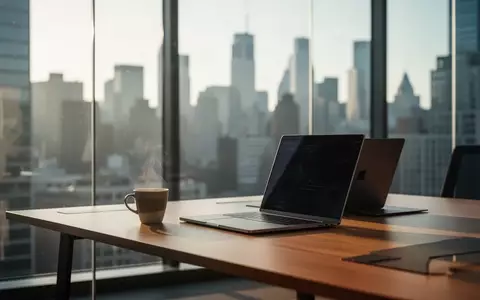 Ein moderner, minimalistischer Arbeitsplatz in einem Büro mit Blick auf eine Skyline bei natürlichem Tageslicht. - Foto: über boerse-global.de