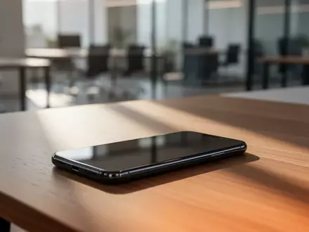 Ein dunkles Smartphone auf einem Holztisch in einem modernen Büro als Symbol für Cybersicherheit und Geräteschutz. - Foto: über boerse-global.de