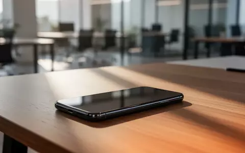 Ein dunkles Smartphone auf einem Holztisch in einem modernen Büro als Symbol für Cybersicherheit und Geräteschutz. - Foto: über boerse-global.de