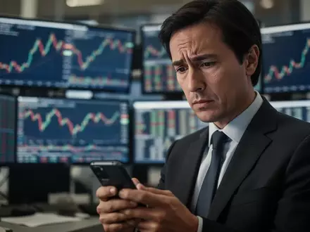 Ein besorgter Investor schaut auf ein Gerät vor einem unscharfen Hintergrund mit Finanzcharts. - Foto: über boerse-global.de