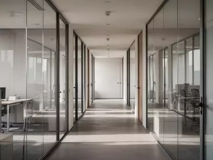 Ein minimalistischer Flur in einem modernen Bürogebäude mit Glaswänden und neutraler Beleuchtung. - Foto: über boerse-global.de