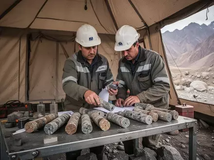 Geologe untersucht Gesteinsproben aus einem Bohrprogramm in einem Minengelände. - Foto: über boerse-global.de