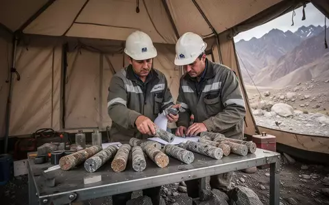 Geologe untersucht Gesteinsproben aus einem Bohrprogramm in einem Minengelände. - Foto: über boerse-global.de