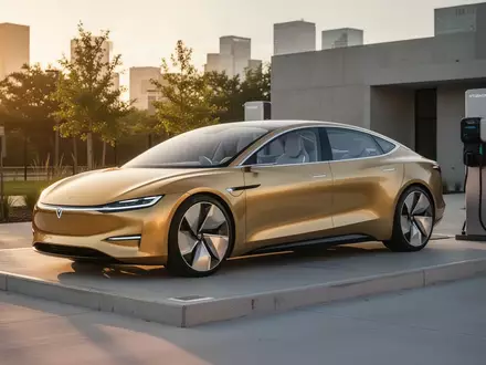 Ein futuristisches, goldfarbenes autonomes Robotaxi steht auf einem modernen Ladeplatz in Austin, Texas. - Foto: über boerse-global.de