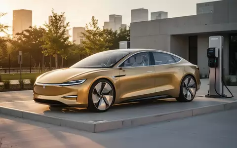Ein futuristisches, goldfarbenes autonomes Robotaxi steht auf einem modernen Ladeplatz in Austin, Texas. - Foto: über boerse-global.de