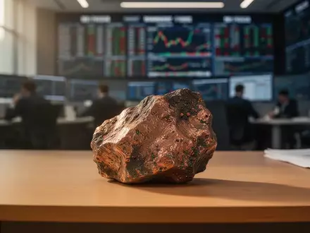 Ein Stück Kupfererz auf einem Holztisch vor einem verschwommenen Hintergrund einer Börse. - Foto: über boerse-global.de