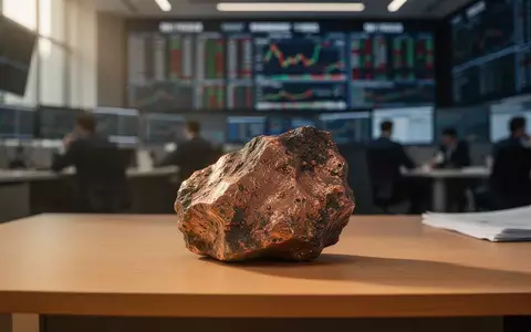 Ein Stück Kupfererz auf einem Holztisch vor einem verschwommenen Hintergrund einer Börse. - Foto: über boerse-global.de