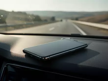 Ein Smartphone liegt auf einem Armaturenbrett in einem fahrenden Auto vor einer verschwommenen Straßenlandschaft. - Foto: über boerse-global.de