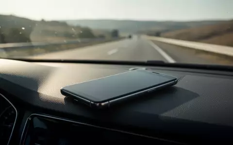 Ein Smartphone liegt auf einem Armaturenbrett in einem fahrenden Auto vor einer verschwommenen Straßenlandschaft. - Foto: über boerse-global.de