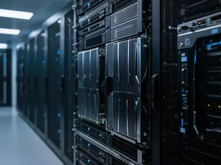 Reihe von GPU-beschleunigten Server-Racks in einem Rechenzentrum mit blauer Beleuchtung. - Foto: über boerse-global.de