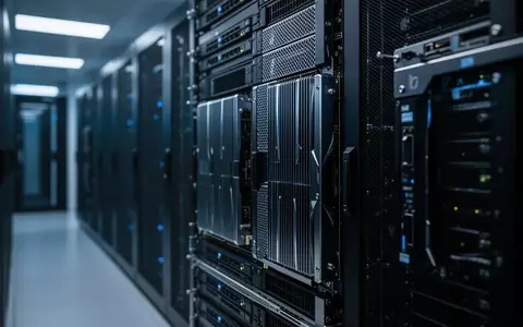 Reihe von GPU-beschleunigten Server-Racks in einem Rechenzentrum mit blauer Beleuchtung. - Foto: über boerse-global.de