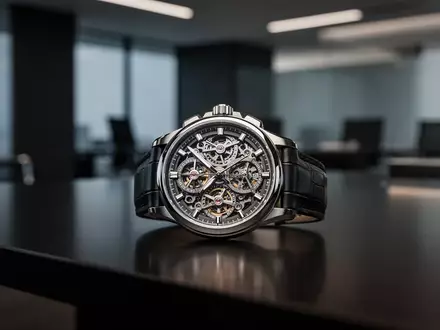 Eine hochwertige mechanische Luxusuhr liegt auf einer dunklen, polierten Oberfläche in einem modernen Büro. - Foto: über boerse-global.de