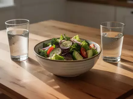 Eine frische Mahlzeit und ein Glas Wasser auf einem Holztisch bei natürlichem Licht. - Foto: über boerse-global.de