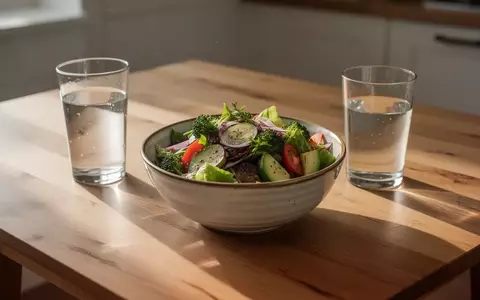 Eine frische Mahlzeit und ein Glas Wasser auf einem Holztisch bei natürlichem Licht. - Foto: über boerse-global.de