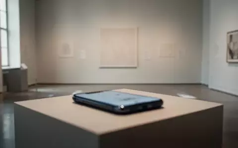 Ein unscharfes Smartphone liegt auf einem Podest vor einer leeren Museums-Ausstellungswand. - Foto: über boerse-global.de