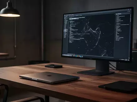 Ein moderner, minimalistischer Arbeitsplatz mit einem geschlossenen Laptop und einem Monitor in einem dunklen Büro. - Foto: über boerse-global.de