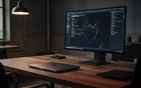 Ein moderner, minimalistischer Arbeitsplatz mit einem geschlossenen Laptop und einem Monitor in einem dunklen Büro. - Foto: über boerse-global.de