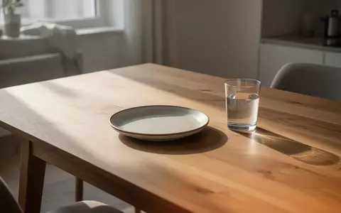 Ein leerer Teller und ein Glas Wasser auf einem Holztisch in einem hellen, skandinavischen Raum. - Foto: über boerse-global.de